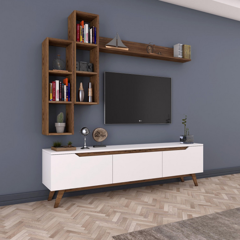 Ansamblu Comoda TV M16-804 Alb-Walnut Ansamblu Comoda TV M16-804 Alb-Walnut