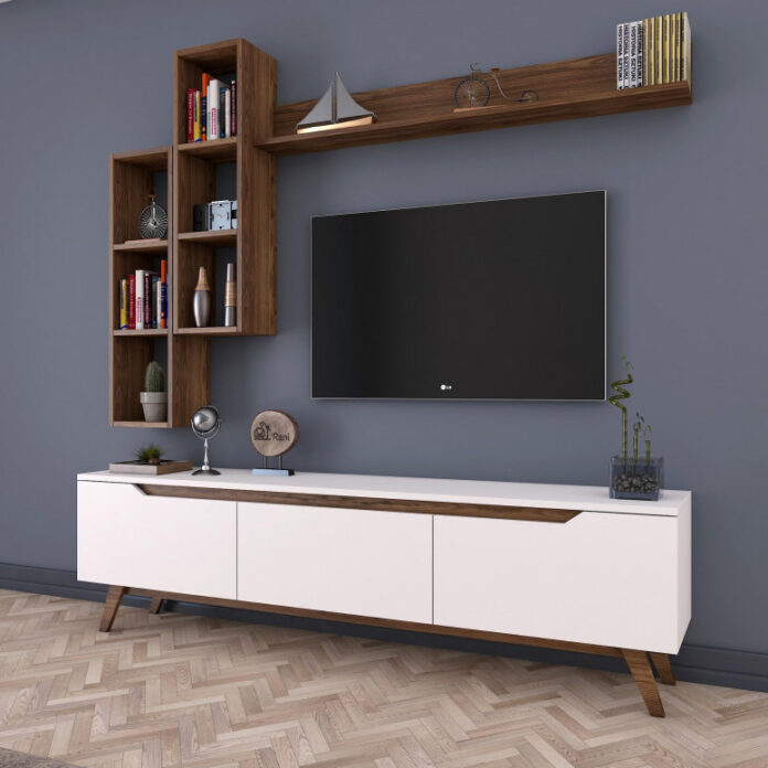 Ansamblu Comoda TV M16-804 Alb-Walnut Ansamblu Comoda TV M16-804 Alb-Walnut