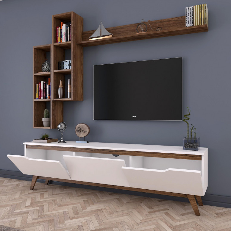 Ansamblu Comoda TV M16-804 Alb-Walnut Ansamblu Comoda TV M16-804 Alb-Walnut