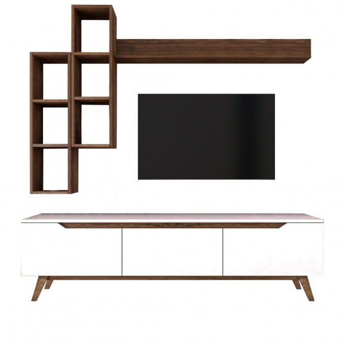 Ansamblu Comoda TV M16-804 Alb-Walnut Ansamblu Comoda TV M16-804 Alb-Walnut