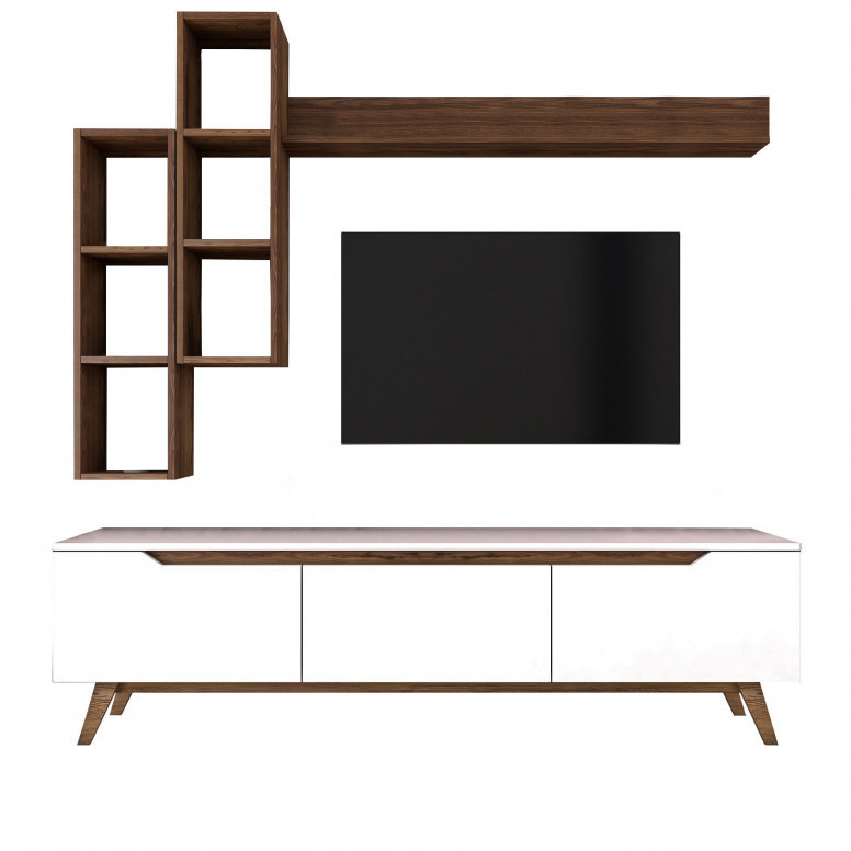 Ansamblu Comoda TV M16-804 Alb-Walnut Ansamblu Comoda TV M16-804 Alb-Walnut