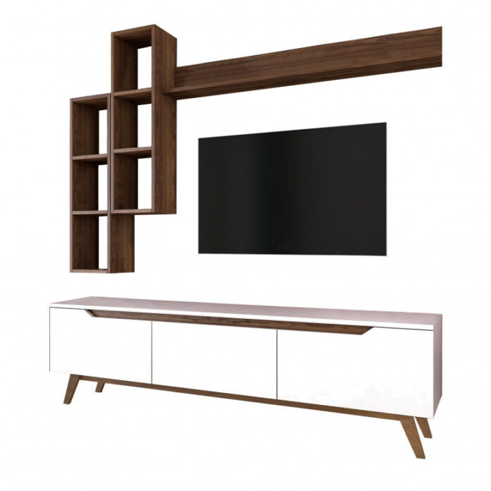 Ansamblu Comoda TV M16-804 Alb-Walnut Ansamblu Comoda TV M16-804 Alb-Walnut