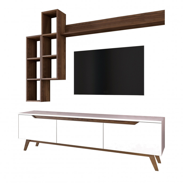 Ansamblu Comoda TV M16-804 Alb-Walnut Ansamblu Comoda TV M16-804 Alb-Walnut