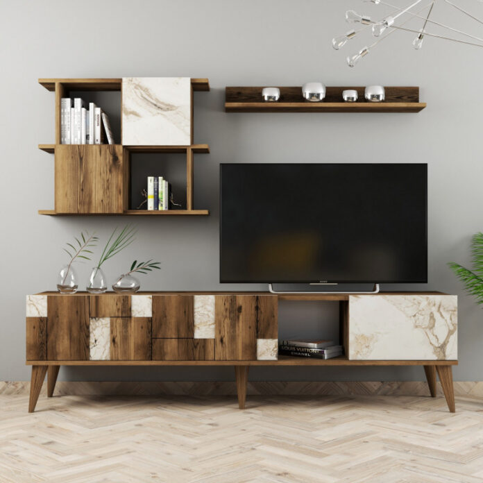 Ansamblu Comoda TV Madrid Alb-Walnut Ansamblu Comoda TV Madrid Alb-Walnut
