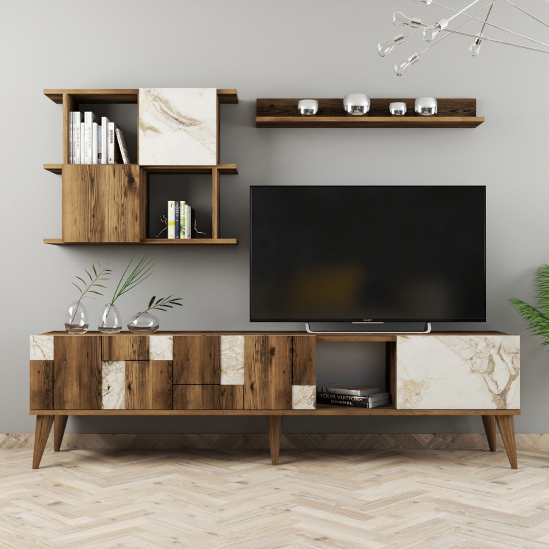 Ansamblu Comoda TV Madrid Alb-Walnut Ansamblu Comoda TV Madrid Alb-Walnut