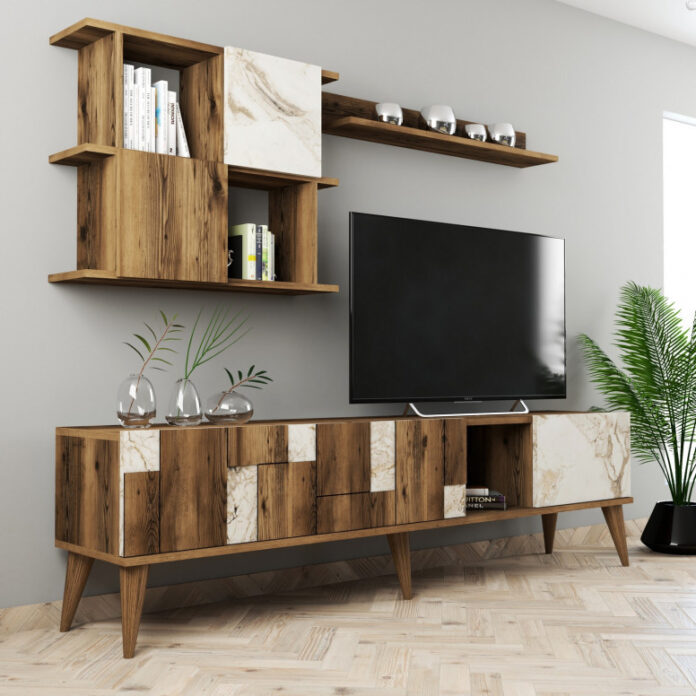 Ansamblu Comoda TV Madrid Alb-Walnut Ansamblu Comoda TV Madrid Alb-Walnut