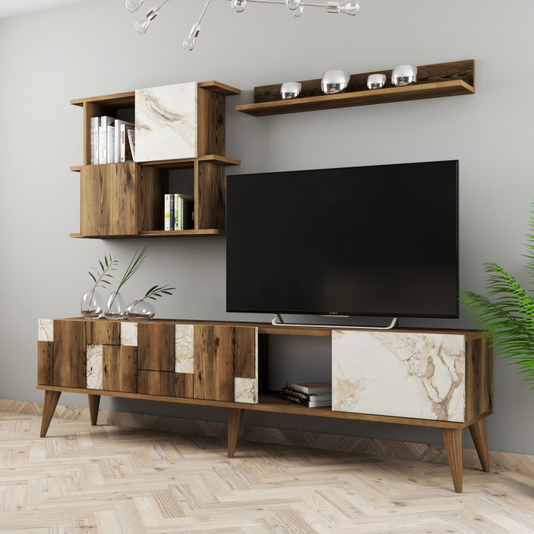 Ansamblu Comoda TV Madrid Alb-Walnut Ansamblu Comoda TV Madrid Alb-Walnut