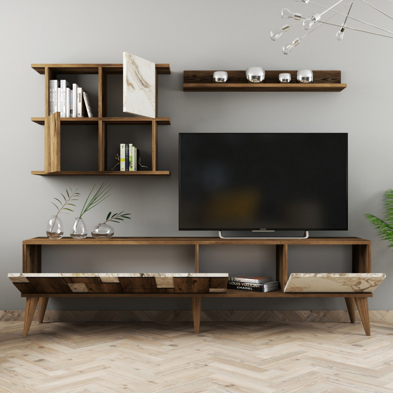 Ansamblu Comoda TV Madrid Alb-Walnut Ansamblu Comoda TV Madrid Alb-Walnut