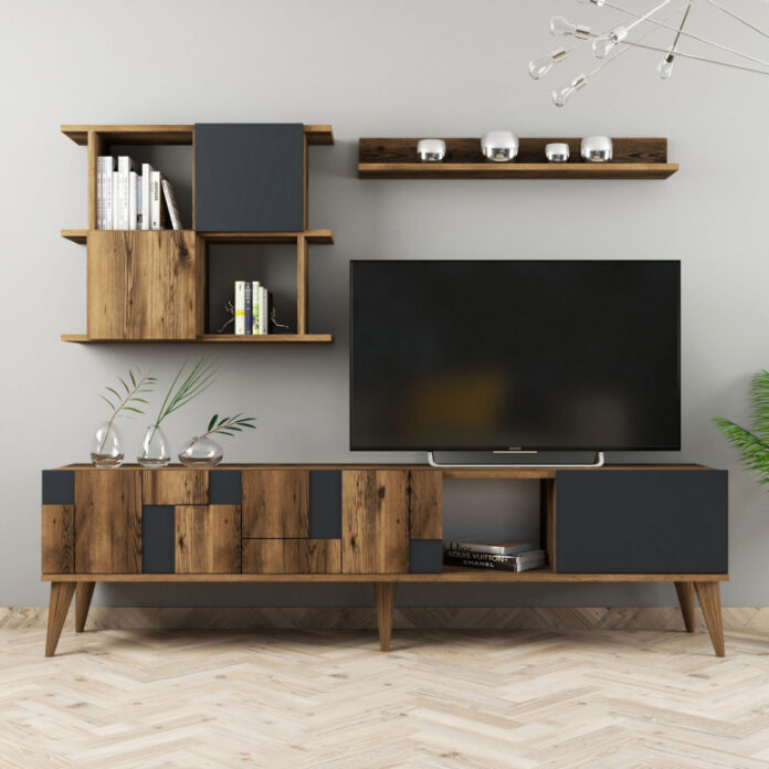 Ansamblu Comoda TV Madrid Walnut-Antracit Ansamblu Comoda TV Madrid Walnut-Antracit