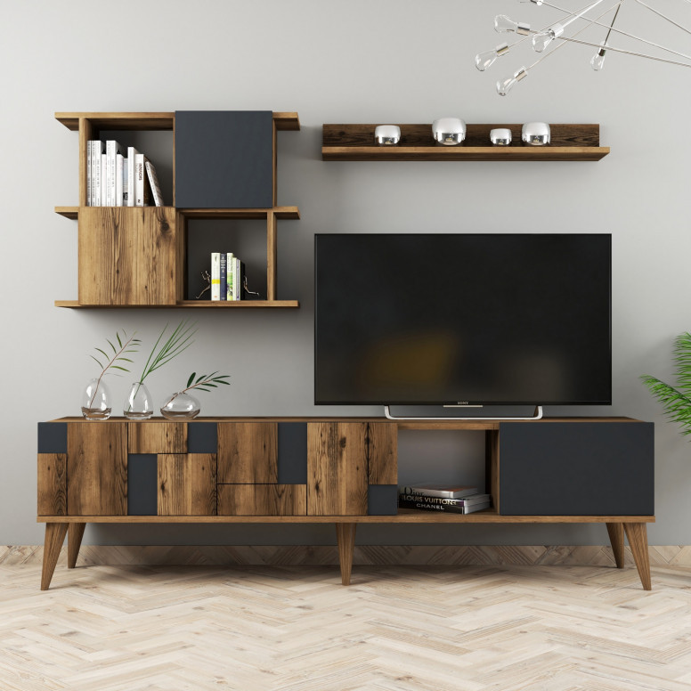 Ansamblu Comoda TV Madrid Walnut-Antracit Ansamblu Comoda TV Madrid Walnut-Antracit