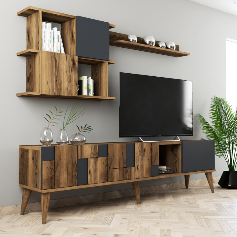 Ansamblu Comoda TV Madrid Walnut-Antracit Ansamblu Comoda TV Madrid Walnut-Antracit