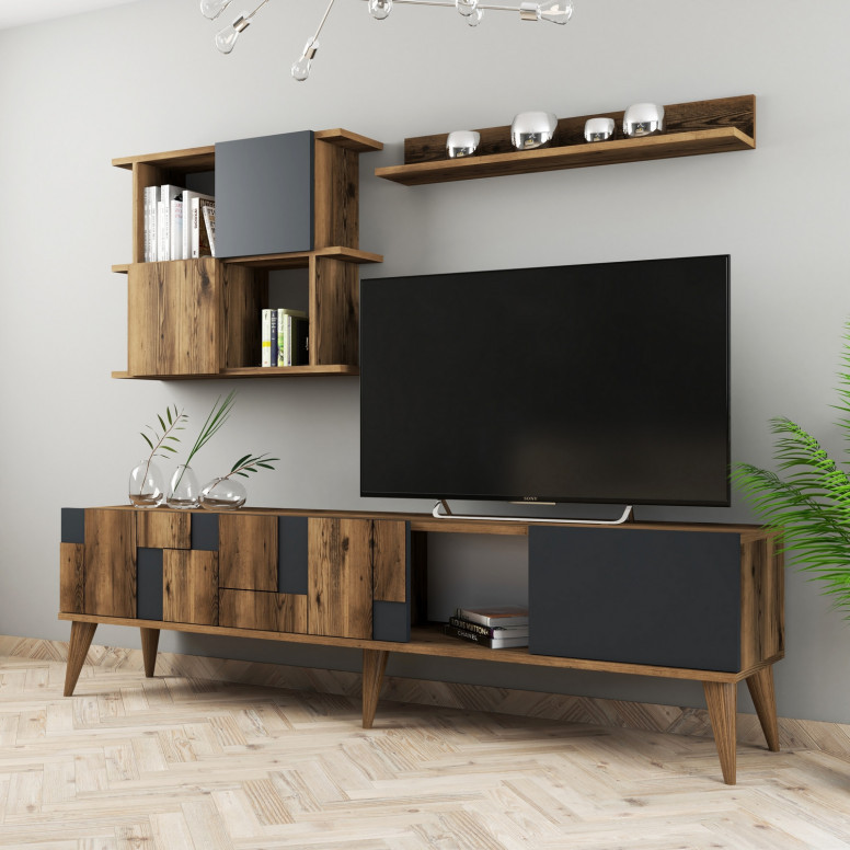 Ansamblu Comoda TV Madrid Walnut-Antracit Ansamblu Comoda TV Madrid Walnut-Antracit
