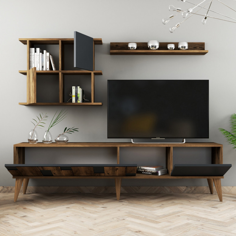 Ansamblu Comoda TV Madrid Walnut-Antracit Ansamblu Comoda TV Madrid Walnut-Antracit