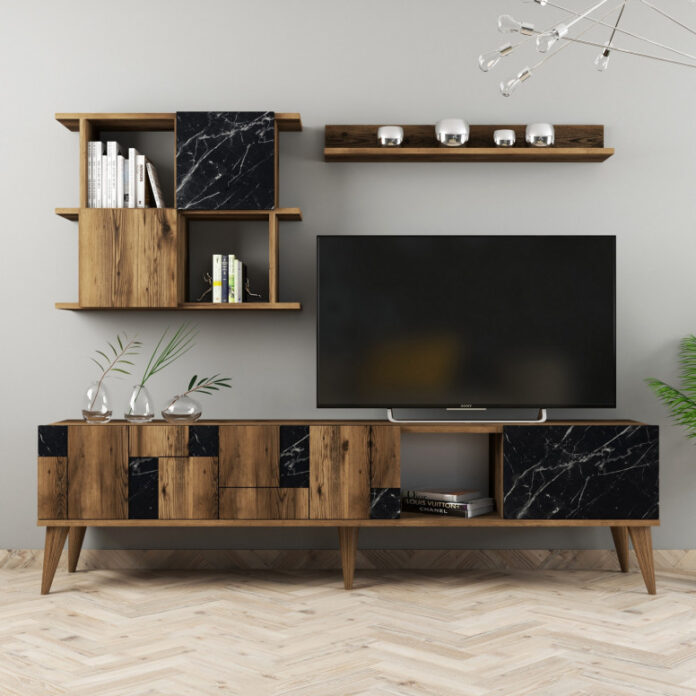 Ansamblu Comoda TV Madrid Walnut-Negru Ansamblu Comoda TV Madrid Walnut-Negru