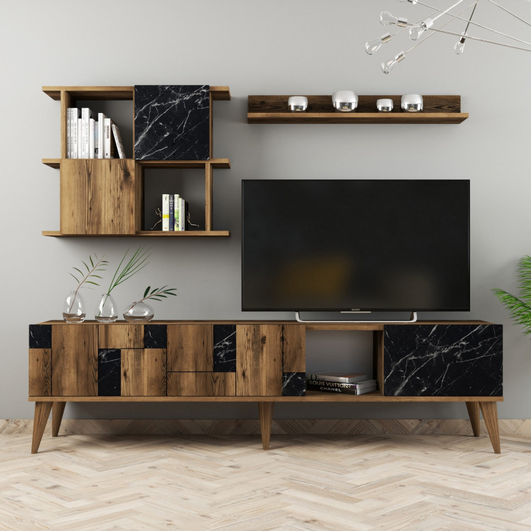 Ansamblu Comoda TV Madrid Walnut-Negru Ansamblu Comoda TV Madrid Walnut-Negru
