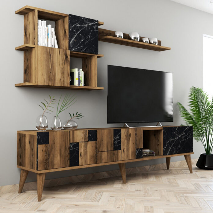 Ansamblu Comoda TV Madrid Walnut-Negru Ansamblu Comoda TV Madrid Walnut-Negru
