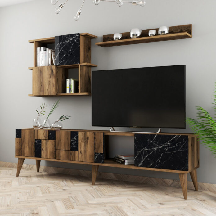 Ansamblu Comoda TV Madrid Walnut-Negru Ansamblu Comoda TV Madrid Walnut-Negru