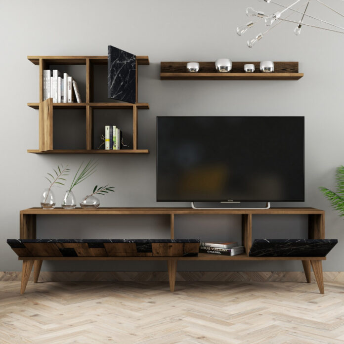 Ansamblu Comoda TV Madrid Walnut-Negru Ansamblu Comoda TV Madrid Walnut-Negru