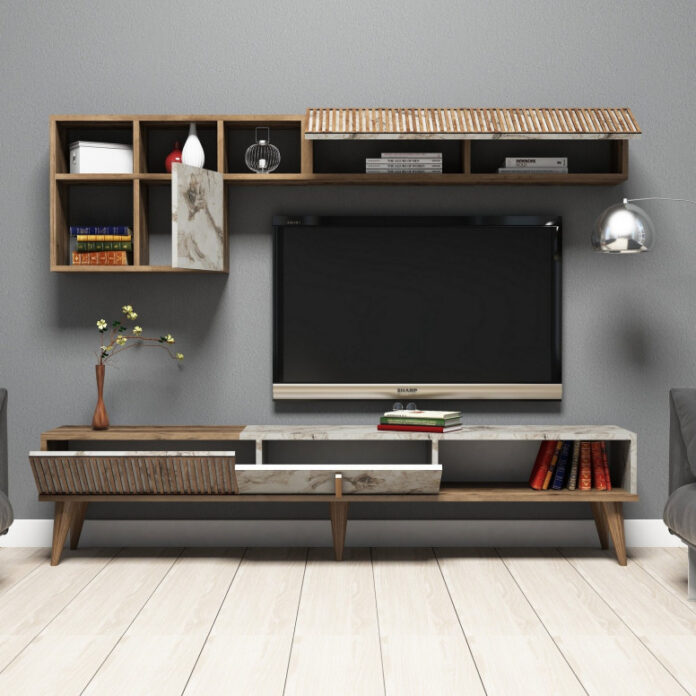 Ansamblu Comoda TV Milan Walnut-Alb Ansamblu Comoda TV Milan Walnut-Alb