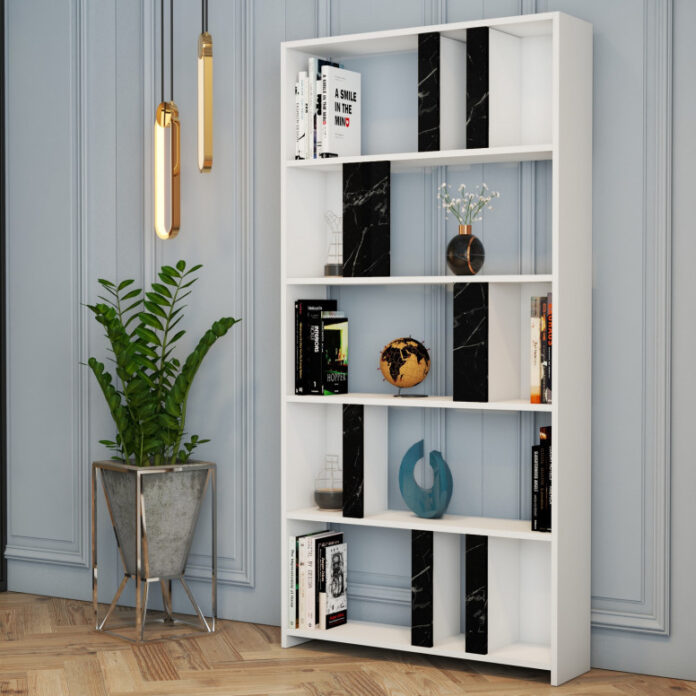 Biblioteca Model Lima, Alb/Negru marmorat, 90x180x20 cm Biblioteca Model Lima, Alb/Negru marmorat, 90x180x20 cm