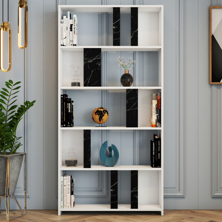 Biblioteca Model Lima, Alb/Negru marmorat, 90x180x20 cm Biblioteca Model Lima, Alb/Negru marmorat, 90x180x20 cm