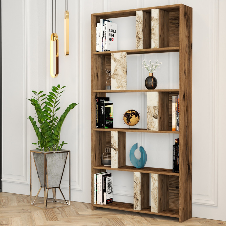 Biblioteca Model Lima, Nuc/Alb marmorat, 90x180x20 cm Biblioteca Model Lima, Nuc/Alb marmorat, 90x180x20 cm