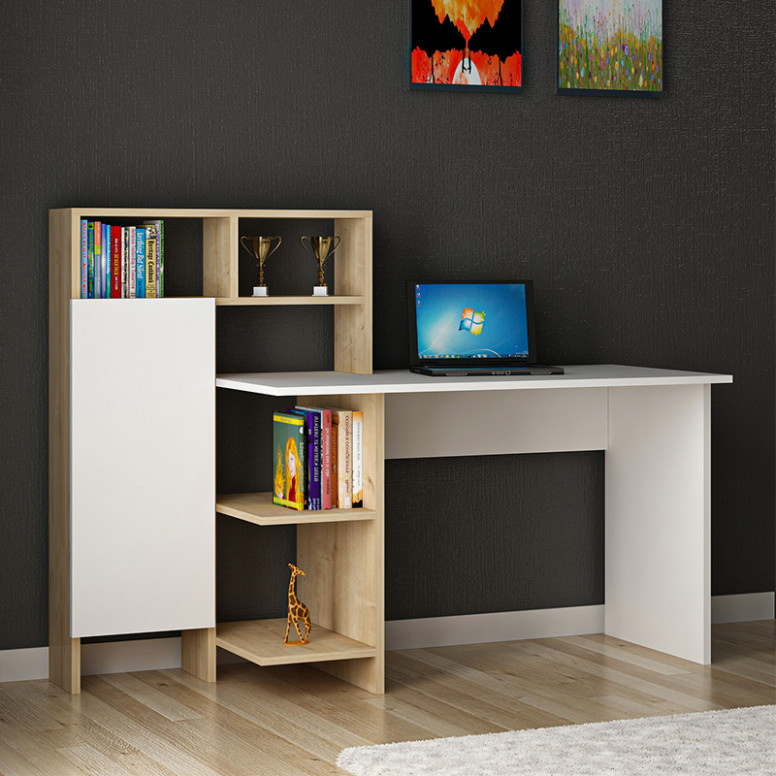 Birou cu Biblioteca Pako World, model Slate, 120x112x60 cm, Alb/Stejar Birou cu Biblioteca Pako World, model Slate, 120x112x60 cm, Alb/Stejar