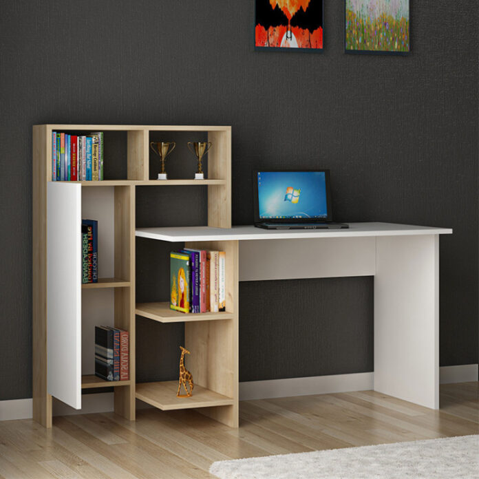 Birou cu Biblioteca Pako World, model Slate, 120x112x60 cm, Alb/Stejar Birou cu Biblioteca Pako World, model Slate, 120x112x60 cm, Alb/Stejar