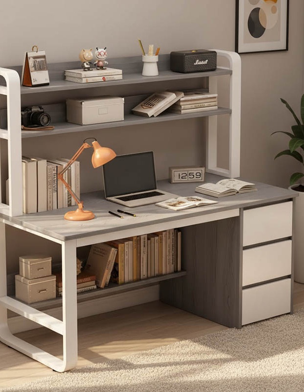 Birou cu Biblioteca Pako World, model Soco, 120x144x50 cm, Gri/Alb Birou cu Biblioteca Pako World, model Soco, 120x144x50 cm, Gri/Alb