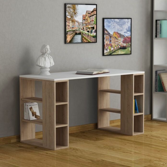 Birou cu Biblioteca Salvador, model Colmar, 140x75x60 cm, Alb/Stejar Birou cu Biblioteca Salvador, model Colmar, 140x75x60 cm, Alb/Stejar