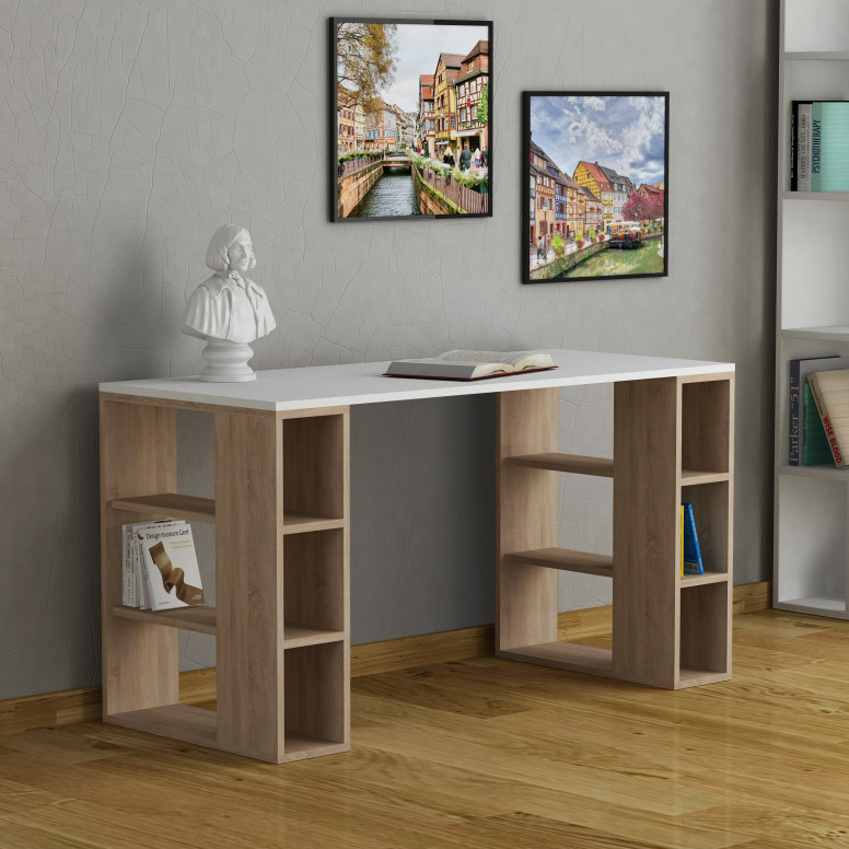 Birou cu Biblioteca Salvador, model Colmar, 140x75x60 cm, Alb/Stejar Birou cu Biblioteca Salvador, model Colmar, 140x75x60 cm, Alb/Stejar