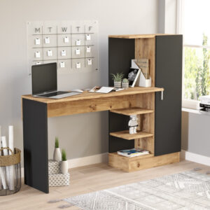 Birou cu Biblioteca Salvador, model CT2, 152.3x120x40 cm, Pin atlantic/Negru Birou cu Biblioteca Salvador, model CT2, 152.3x120x40 cm, Pin atlantic/Negru