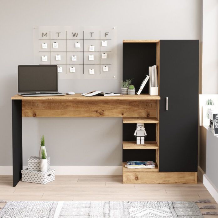 Birou cu Biblioteca Salvador, model CT2, 152.3x120x40 cm, Pin atlantic/Negru Birou cu Biblioteca Salvador, model CT2, 152.3x120x40 cm, Pin atlantic/Negru