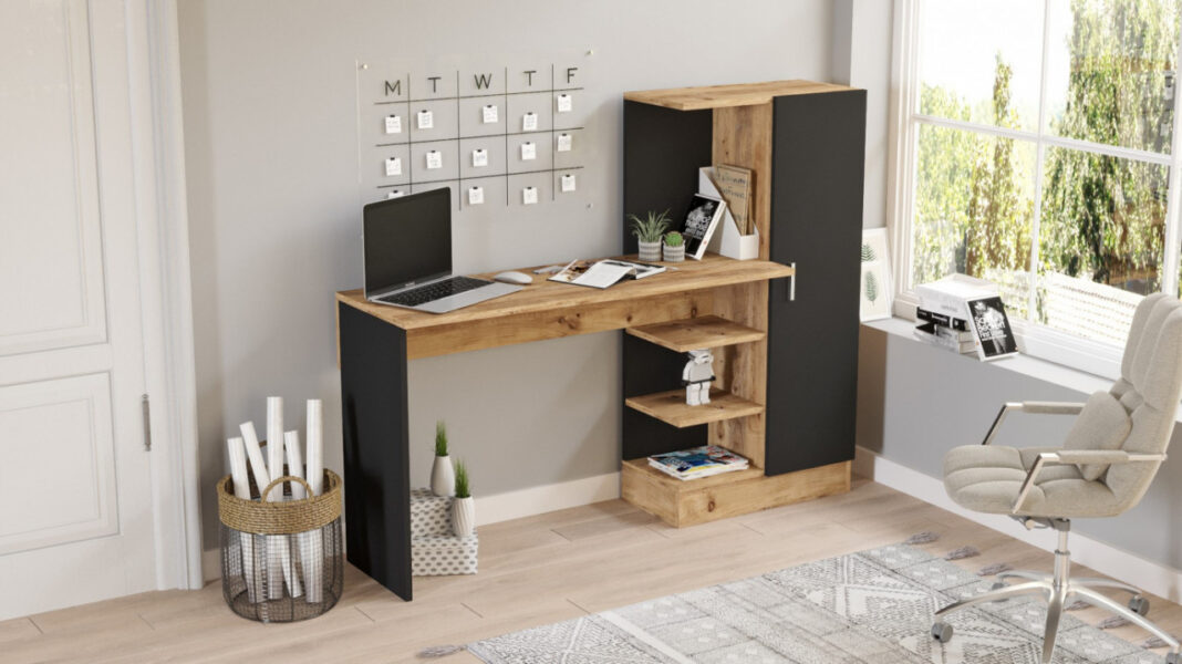 Birou cu Biblioteca Salvador, model CT2, 152.3x120x40 cm, Pin atlantic/Negru Birou cu Biblioteca Salvador, model CT2, 152.3x120x40 cm, Pin atlantic/Negru