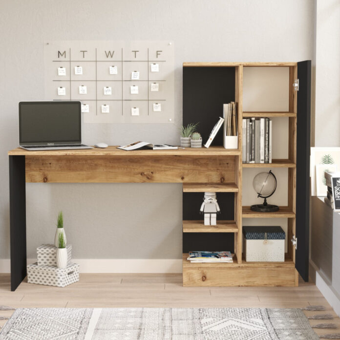 Birou cu Biblioteca Salvador, model CT2, 152.3x120x40 cm, Pin atlantic/Negru Birou cu Biblioteca Salvador, model CT2, 152.3x120x40 cm, Pin atlantic/Negru