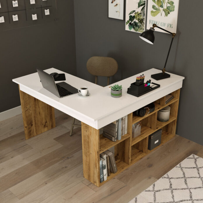 Birou pe Colt Salvador, model CT5, 129x72x120 cm, Pin atlantic/Alb Birou pe Colt Salvador, model CT5, 129x72x120 cm, Pin atlantic/Alb
