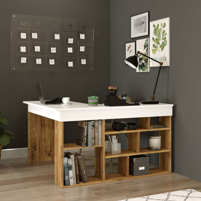Birou pe Colt Salvador, model CT5, 129x72x120 cm, Pin atlantic/Alb Birou pe Colt Salvador, model CT5, 129x72x120 cm, Pin atlantic/Alb