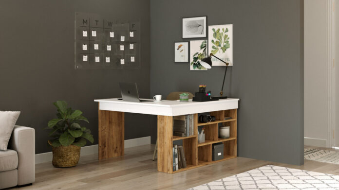 Birou pe Colt Salvador, model CT5, 129x72x120 cm, Pin atlantic/Alb Birou pe Colt Salvador, model CT5, 129x72x120 cm, Pin atlantic/Alb