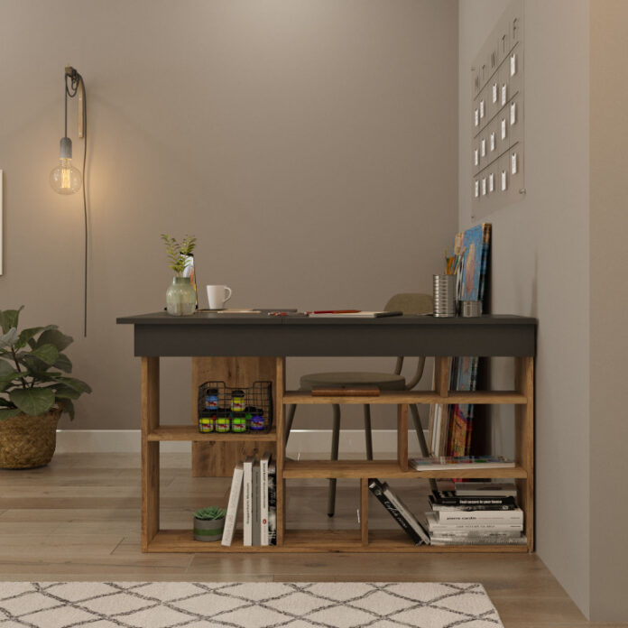 Birou pe Colt Salvador, model CT5, 129x72x120 cm, Pin atlantic/Negru Birou pe Colt Salvador, model CT5, 129x72x120 cm, Pin atlantic/Negru