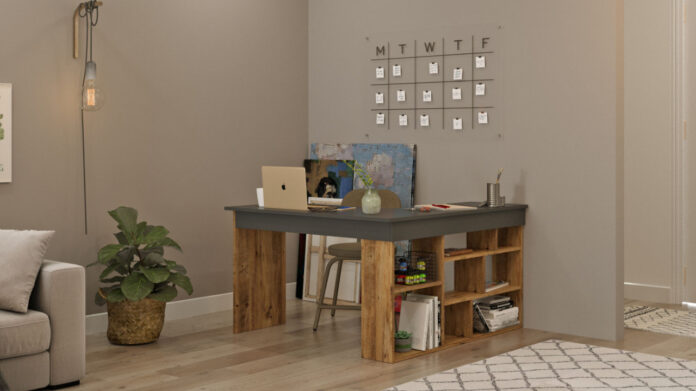 Birou pe Colt Salvador, model CT5, 129x72x120 cm, Pin atlantic/Negru Birou pe Colt Salvador, model CT5, 129x72x120 cm, Pin atlantic/Negru