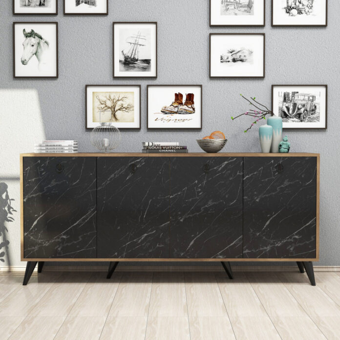 Comoda Model Elite, Nuc/Negru marmorat, 180x45x80 cm Comoda Model Elite, Nuc/Negru marmorat, 180x45x80 cm