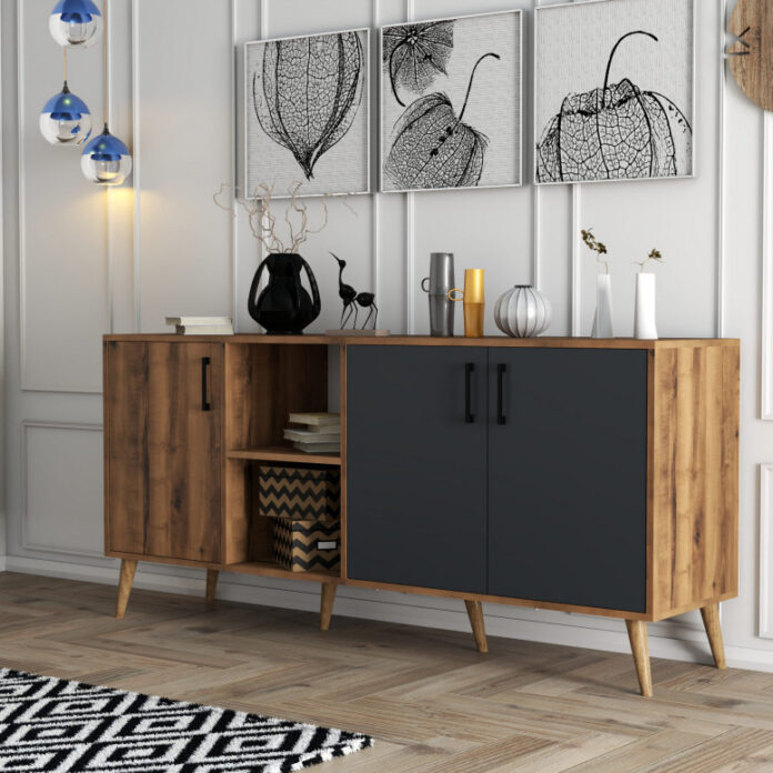 Comoda Model Exxen, Nuc/Antracit, 180x45x80 cm Comoda Model Exxen, Nuc/Antracit, 180x45x80 cm