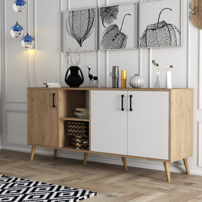 Comoda Model Exxen, Stejar/Alb, 180x45x80 cm Comoda Model Exxen, Stejar/Alb, 180x45x80 cm