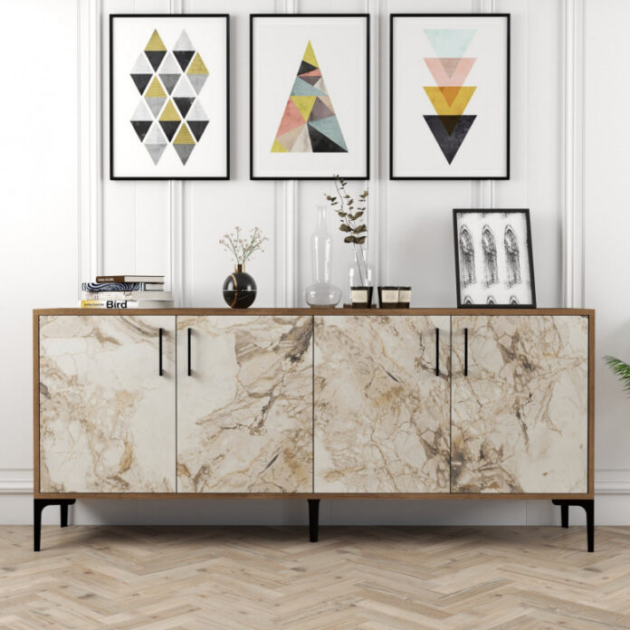 Comoda Model Kiev, Nuc/Alb marmorat, 180x35x78 cm Comoda Model Kiev, Nuc/Alb marmorat, 180x35x78 cm