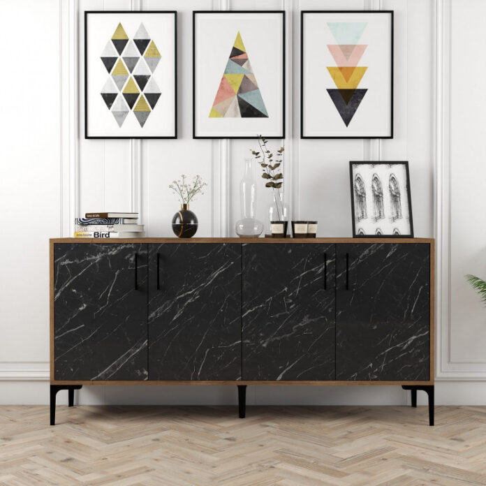 Comoda Model Kiev160, Nuc/Negru marmorat, 160x35x78 cm Comoda Model Kiev160, Nuc/Negru marmorat, 160x35x78 cm
