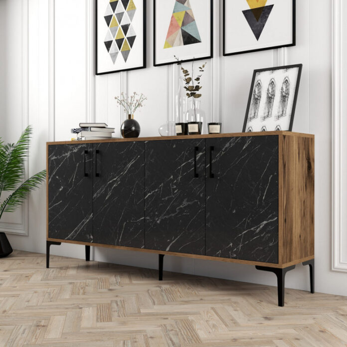 Comoda Model Kiev160, Nuc/Negru marmorat, 160x35x78 cm Comoda Model Kiev160, Nuc/Negru marmorat, 160x35x78 cm