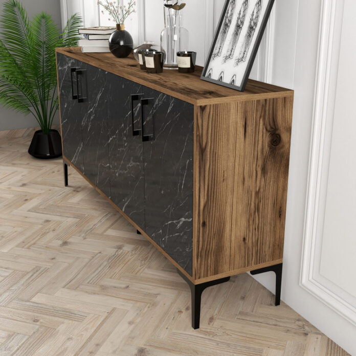 Comoda Model Kiev160, Nuc/Negru marmorat, 160x35x78 cm Comoda Model Kiev160, Nuc/Negru marmorat, 160x35x78 cm