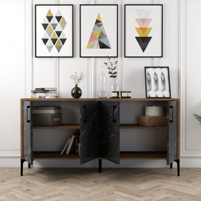 Comoda Model Kiev160, Nuc/Negru marmorat, 160x35x78 cm Comoda Model Kiev160, Nuc/Negru marmorat, 160x35x78 cm