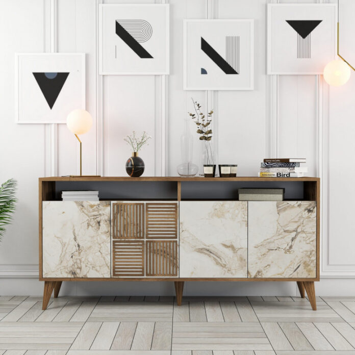 Comoda Model Milan, Nuc/Alb marmorat, 160x35x78 cm Comoda Model Milan, Nuc/Alb marmorat, 160x35x78 cm