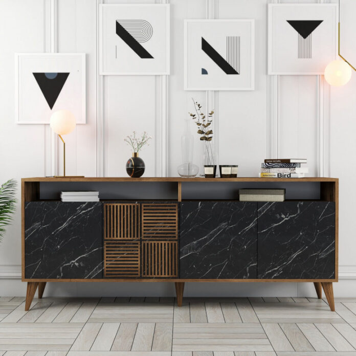 Comoda Model Milan, Nuc/Negru marmorat, 180x35x78.6 cm Comoda Model Milan, Nuc/Negru marmorat, 180x35x78.6 cm